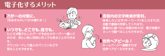 電子化するメリット?万が一の対策に。「形あるものいつかは壊れる!」?いつでも、どこでも、誰でも。たとえば電子化したデータを会社のサーバーへ置いておけば、見たい時に同時に何人でも見ることができます。ダウンロードして個人のパソコンなどで見ることもできます。?書籍内の文字検索が便利。検索したい文字(キーワード)を入力すれば、自動で書籍内を探してくれます。書籍内に調べたい単語があれば、電子辞書やネットで調べることもできます。?世界へアピール!ホームページへ掲載すれば世界へアピールできます。