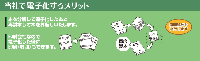 北海道印刷企画株式会社で電子化するメリット?本を分解して電子化したあと再製本して本をお返しいたします。?印刷会社なので電子化した後に印刷（増刷）もできます。