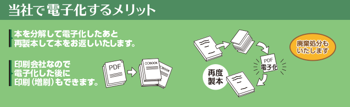 北海道印刷企画株式会社で電子化するメリット?本を分解して電子化したあと再製本して本をお返しいたします。?印刷会社なので電子化した後に印刷(増刷)もできます。